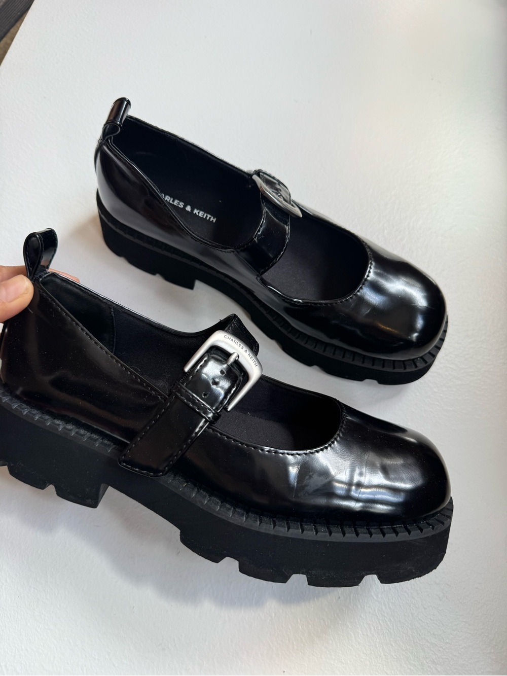 Charles & Keith black patent chunky buckle Mary Jane shoe size 38